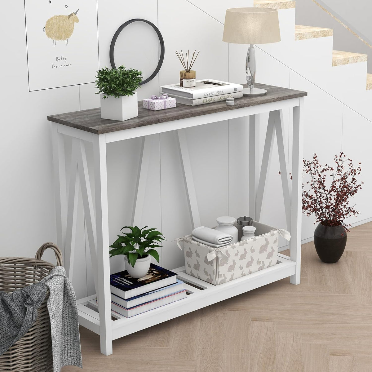 Entryway Table, 39" Farmhouse Console Table with Shelf Narrow Foyer Table | | 2-Tier Open Shelf,V-Shape Anti-Tip Legs,Slim Narrow Design,Sofa Table Use,Two-Tone Finish,30-Min Easy Assembly,Oak Grey