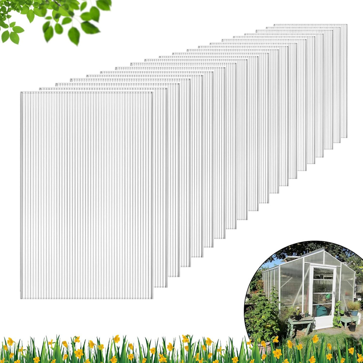 DGSL 14 Pcs Polycarbonate Greenhouse Panels, 4' x 2' x 0.16'' Twin-Wall Panels, Polycarbonate Sheet for All Weather Outdoor Garden and Greenhouse Covering