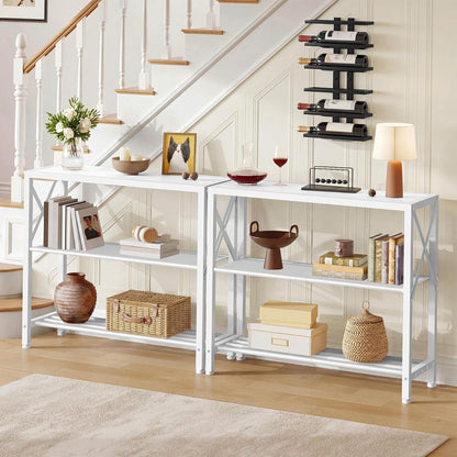 Hoctieon Industrial Console Table, 3 Tier Entryway Table, Metal Frame, Sofa Table with Shelf, Hallway Table, Entrance Table for Entryway, Living Room, Foyer, Hallway, White
