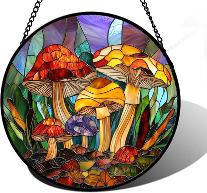 Stained Glass Window Hanging, Jungle Mushrooms Sun Catchers Diamond Glass Panel Hangings Plant Suncatcher Decor for Birthday for Women, Men, Wife, Aunt, and Mom 11.8x11.8 in