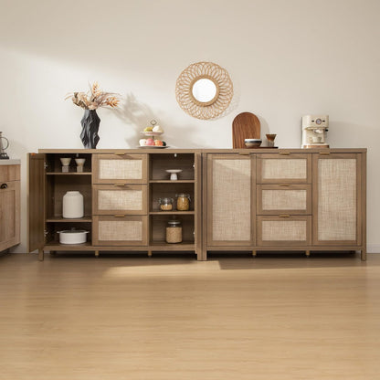 SICOTAS Rattan Sideboard Buffet Cabinet with Storage - 52" Larger Farmhouse Credenza Storage Coffee Bar Cabinet with 3 Drawers & 2 Doors, Boho Console Table for Living Room, Kitchen, Caramel Oak