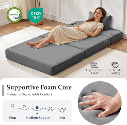Youzi Folding Sofa Bed Convertible Sleeper Chair with Pillow, 4-in-1 Foldable Mattress Futon Couch Bed to Lounge Chair for Living Room, Bedroom, Dorm & Guest, Washable Cover, Dark Gray, Twin