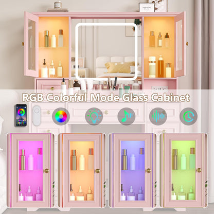 HUANLEGO Farmhouse Makeup Vanity Desk with Mirror and LED Lights, Pink | Vanity Mirror with Lights Desk for Women, Makeup Table Set with RGB Cabinet and 6 Drawers, Charging Station, 3 Light Modes