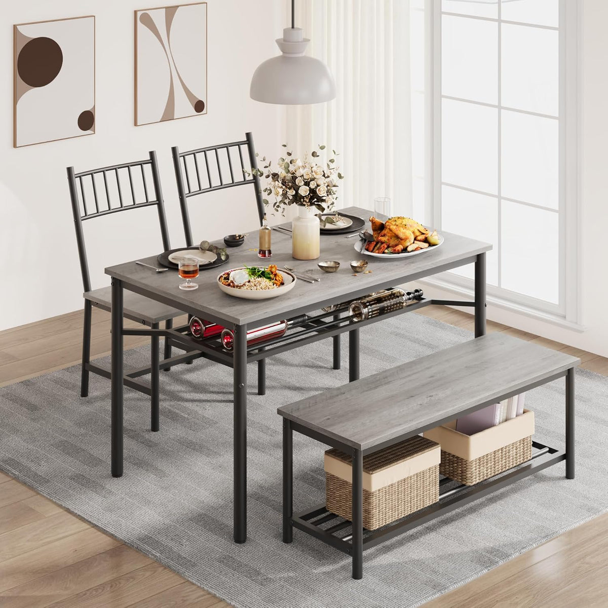 Dining Table Set for 4, Kitchen Table and Chairs for 4 with Wine Rack, Rectangular Dining Room Table Set with Bench, 4 Piece Dining Table Set for Small Space, Apartment, Retro Gray