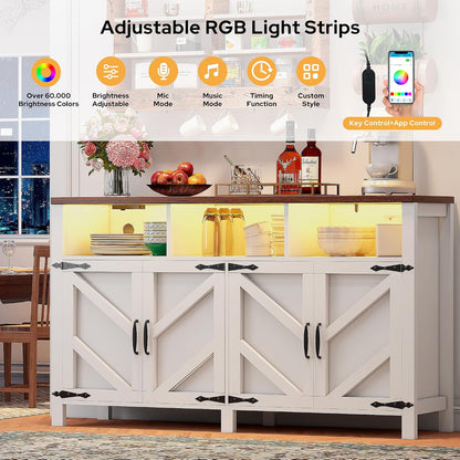 knoworld Buffet Sideboard with Storage with Power Outlets & LED Light 4 Doors, 55'' Large Farmhouse Kitchen Storage Cabinet Wood Coffee Bar Cabinet Buffet Table for Kitchen, Dining Room,55"W White LED
