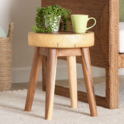 bali & pari Jia Suar Wood End Table - Handcrafted Side Table with Live Edge Round Top and Tapered Legs, Rustic Boho Accent Furniture for Living Room, Bedroom, or Patio
