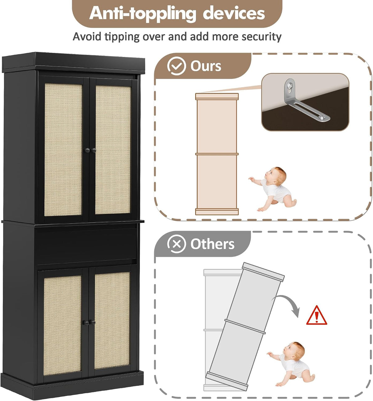 Garvee Tall Pantry Cabinet, Rattan Kitchen Pantry Storage Cabinet with Doors and Adjustable Shelves, 69" Freestanding Cupboard Cabinet with Drawer for Bathroom, Dining Room, Living Room, Black