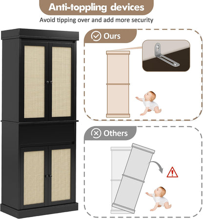Slim Tall Pantry Cabinet - 4 Rattan Doors, Drawer, and 2 Adjustable Shelves - Freestanding Storage Cupboard for Entryway, Kitchen, Dining Room, Bathroom, or Office,Black