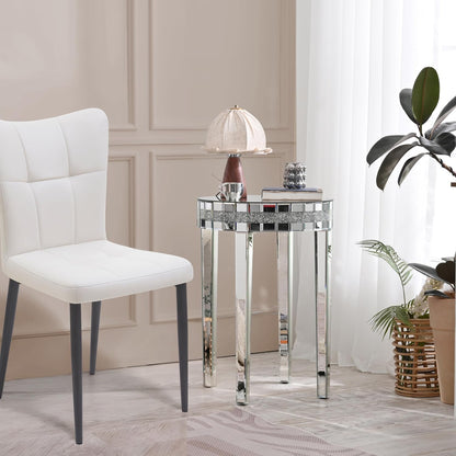 19.7" Mirror Side Table Round End Table with Crushed Diamond and Glass Top, Silver Coffee Table for Living Room, Bedroom, Sofa, Corner