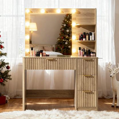 LUXOAK 36" Makeup Vanity Desk with Mirror & LED Lights, Oak | Fluted Vanity Table with 4 Drawers, Glass Top & Charging Station, Dressing Table for Bedroom, Women & Girls