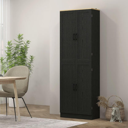 4-Door Industrial Freestanding Kitchen Pantry Cabinet with Multiple Adjustable Shelves, Distressed Black Finish and Sleek Design