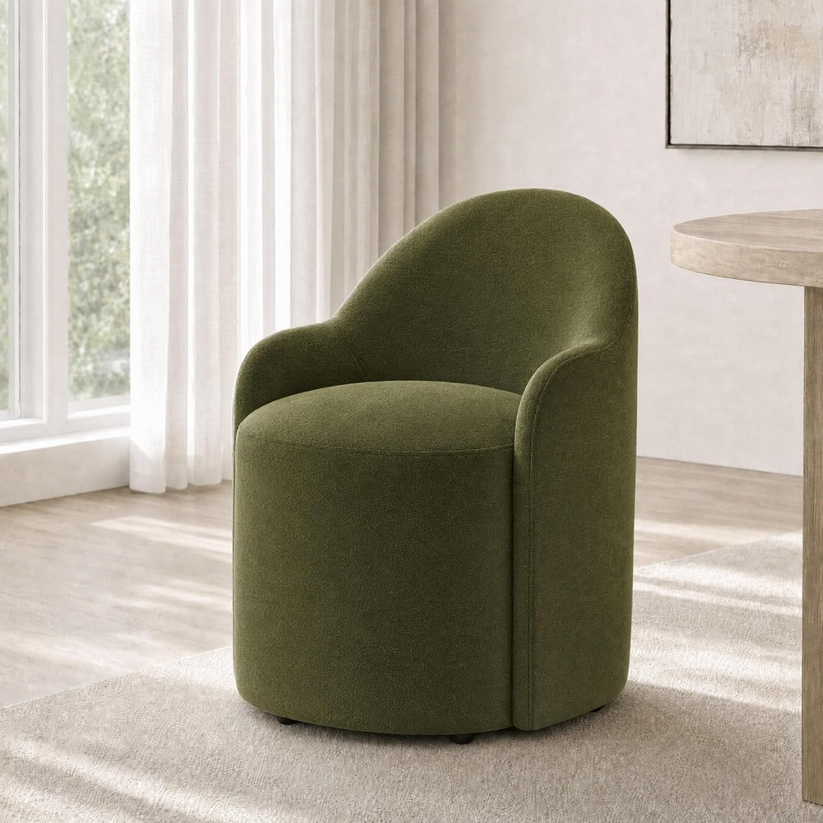 KISLOT Upholstered Dining Chairs Set of 4 with Caster, Pre-Assembled, Green | Modern Dining Room Chairs with Wheels, Rolling Vanity Chair with Round Backrest for Kitchen, Bedroom, Dressing, Linen Fabric