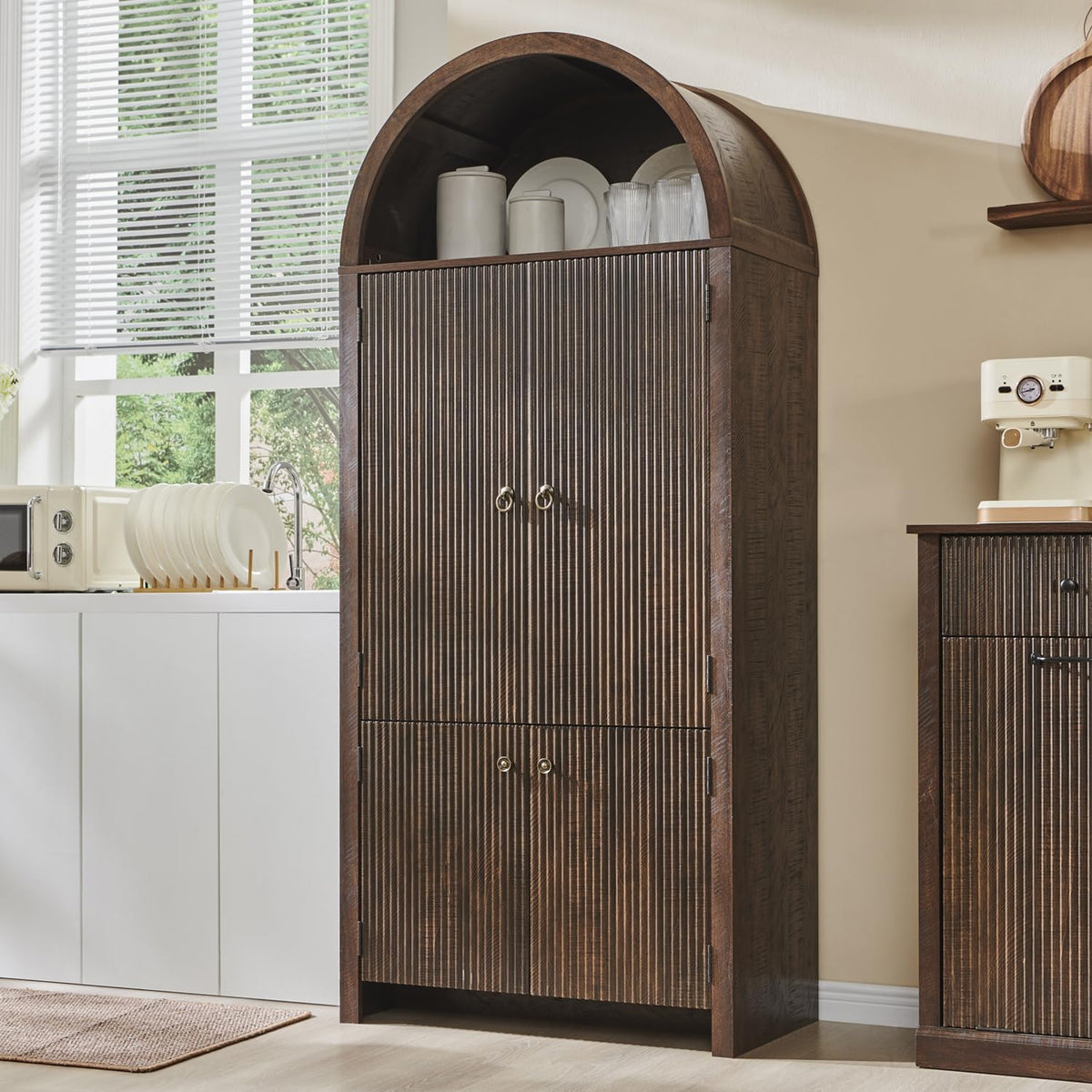 IFGET 71" Tall Arched Kitchen Pantry, Modern Fluted Storage Cabinet, Brown | Wooden Pantry Cabinet with Doors, 3 Adjustable Shelves, 6 Door Shelves, Organizer, Versatile Cupboard for Kitchen, Bathroom