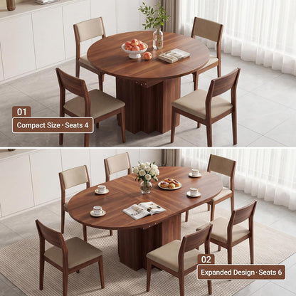 Extendable Round Dining Table, 45.3"-61" Space Saving Oval Kitchen Table with Self-Storing Butterfly Leaf, Modern Farmhouse Walnut Dining Room Table with Fluted Pedestal Base for 4-6 People