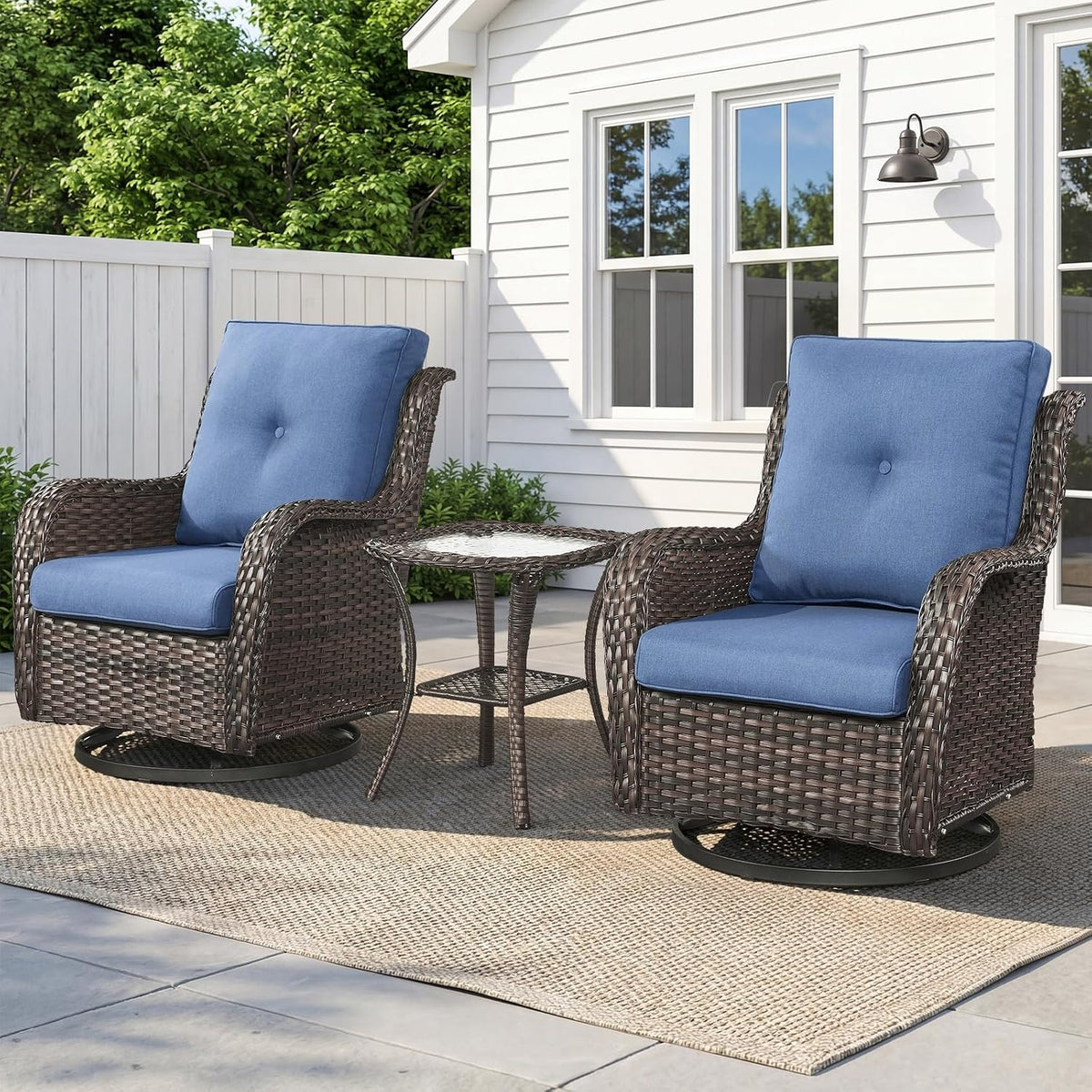 Belord Patio Wicker Chairs Swivel Rocker,Outdoor Patio Furniture Set with Rattan Side Table, All Weather Conversation Set for Porch Poolside Balcony, Brown Wicker/Blue