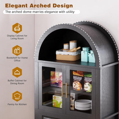 71" Tall Farmhouse Pantry Cabinet, Arched Glass Door Kitchen Storage Cabinet with Barn Door Design, Freestanding Buffet Cabinet with Adjustable Shelves for Kitchen,Living Room,Dining Room,Black