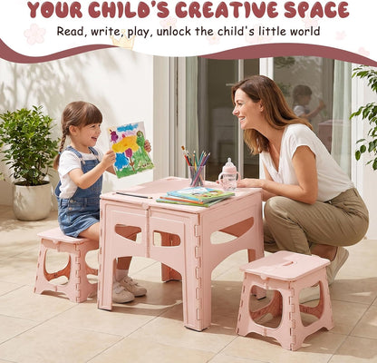 Kids Folding Table and 2 Chairs, Portable Plastic Activity Set, Light Pink | Rounded Corners, Easy Setup, Compact Storage, Lightweight Design for Crafts, Snacks, and Picnics