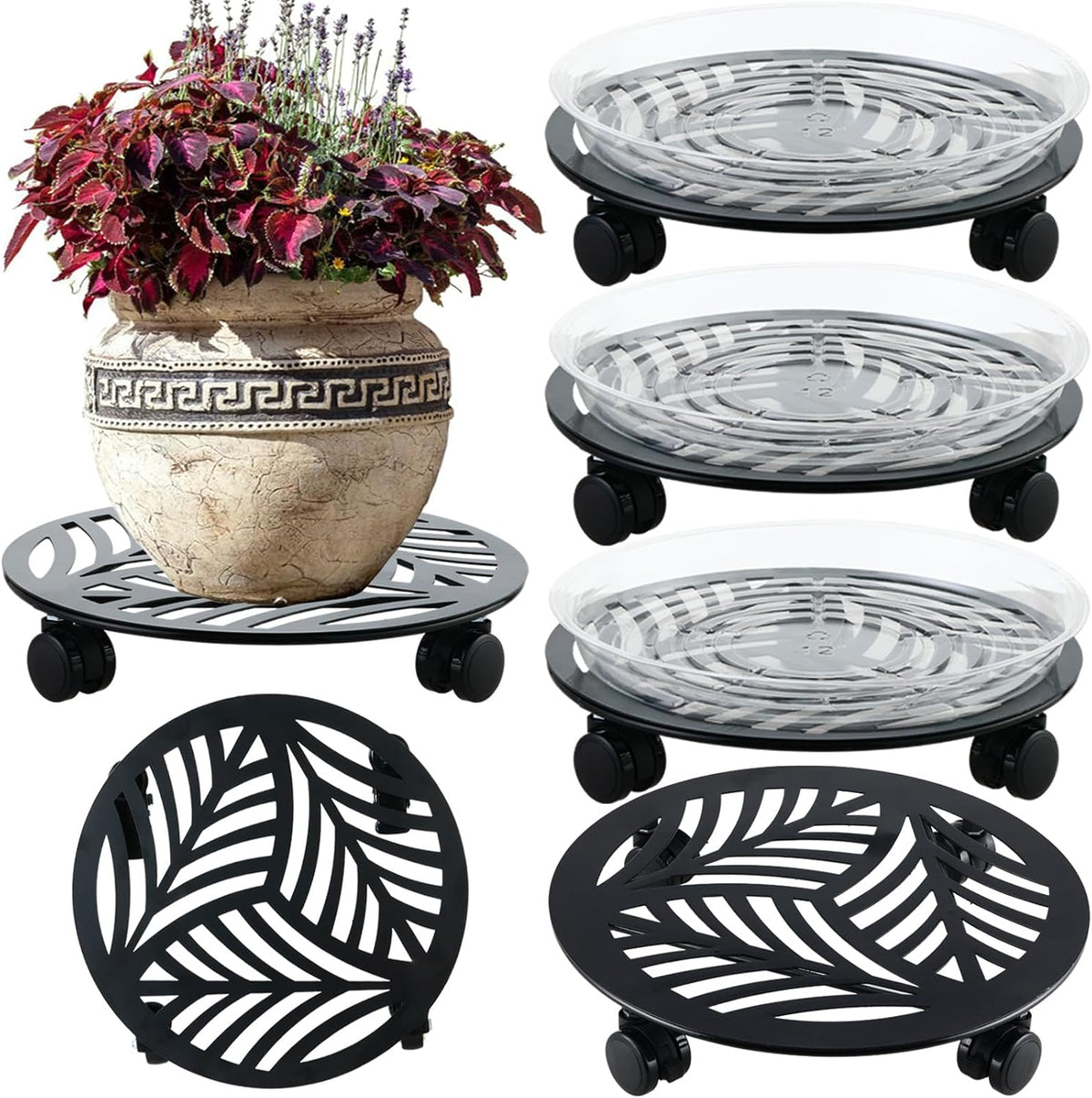 4 Packs Large Metal Plant Caddy with PU Wheels 13" Heav-duty Wroght Iron Rolling Plant Stands Indoor Outdoor Wheeled Plant Dolly Planter Mover Rollers Plant Trolley Cart, Plant Saucers Included