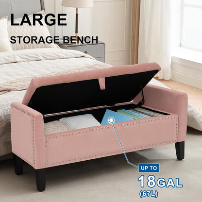 Storage Ottoman Bench, Velvet Upholstered Footstool for Bedroom and Living Room, Frosted Flannel Seat with Storage, Wooden Legs & Metal Rivets, Pink