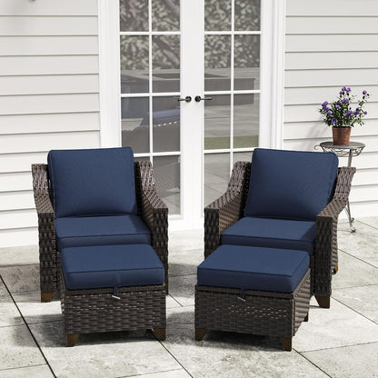 4 Pieces Patio Conversation Furniture Set - 2 Chairs with Ottomans Set of 2, Outdoor Wicker Armchairs with Water-Resistant and Washable Cushions for Porch, Balcony, Sunroom (Navy Blue)