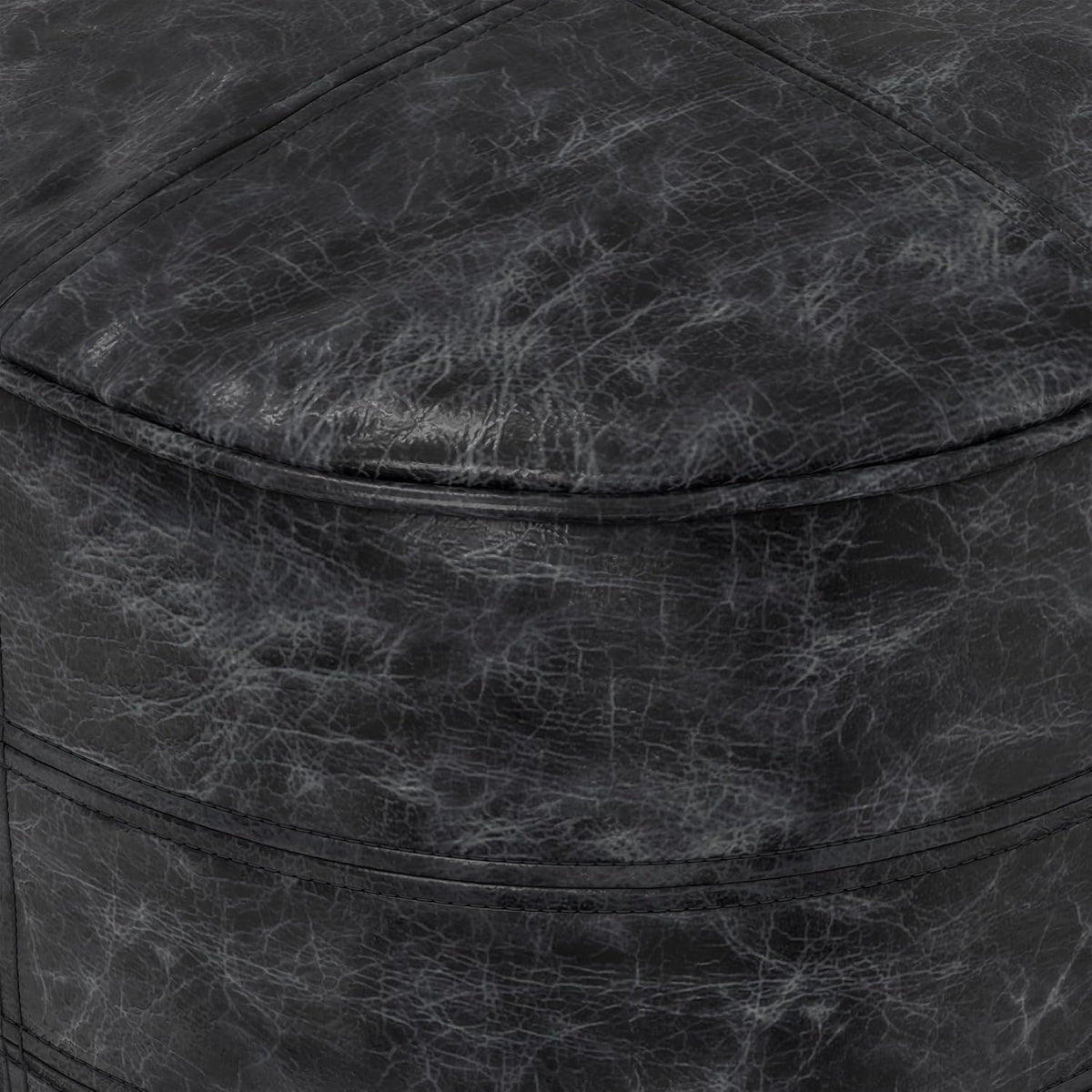 SIMPLIHOME Connor 18" Wide Round Pouf in Distressed Black Genuine Leather