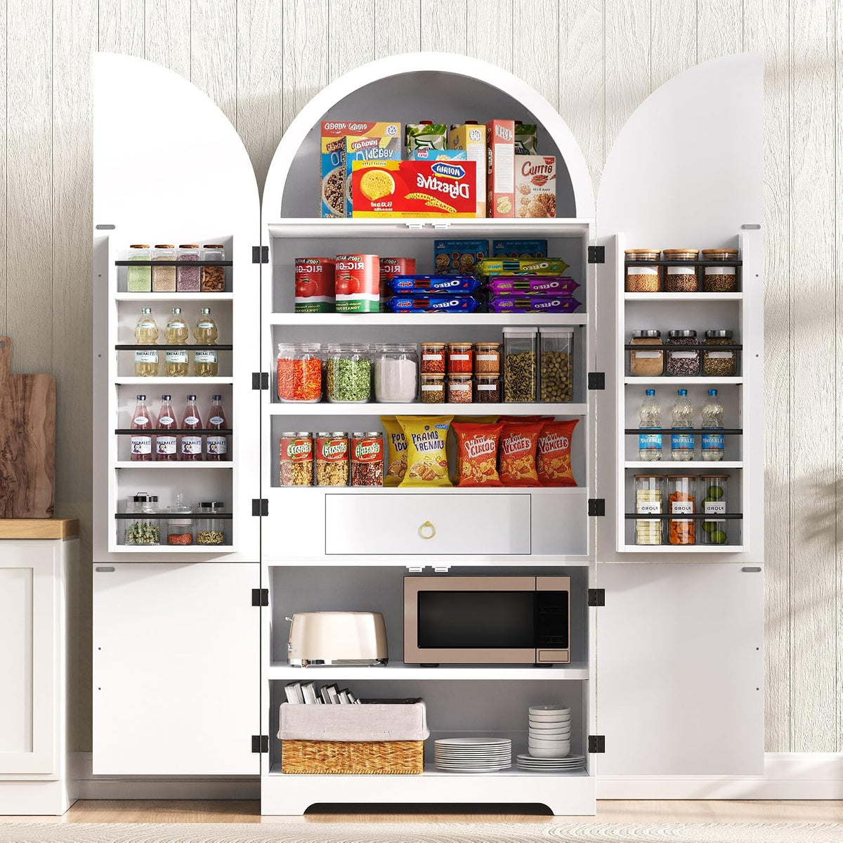 Arched Kitchen Storage | Adjustable Shelves，White-C | 8 door shelves hidden compartment anti-tip design easy assembly versatile spaces