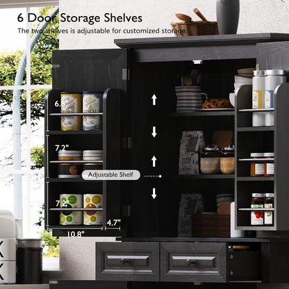 71" Tall Kitchen Pantry Cabinet with 3 Pull Out Cabinet Organizers, Farmhouse Embossed Texture Storage Cabine with 6 Door Shelves, 2 Drawers, Freestanding Cupboard for Kitchen, Dining Room (Black)