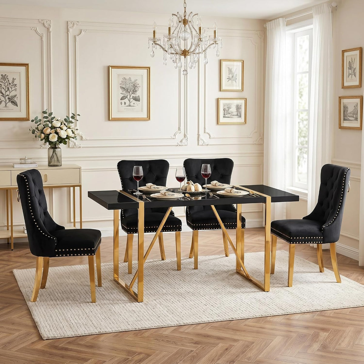 Black Dining Table Set for 4, 55" Black Glossy Top with Gold Metal Legs, Modern Dining Table Set for 4 & Velvet Tufted Chair with Gold Nailhead Trim, Luxry Kitchen Table Set Ideal for Dining Room,APT