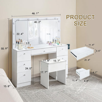 SweetGO 46" LED Lighted Makeup Vanity Desk, 7 Smooth-Glide Drawers, USB & AC Charging Station, Adjustable 3 Light Modes, Cushioned Stool Included, White