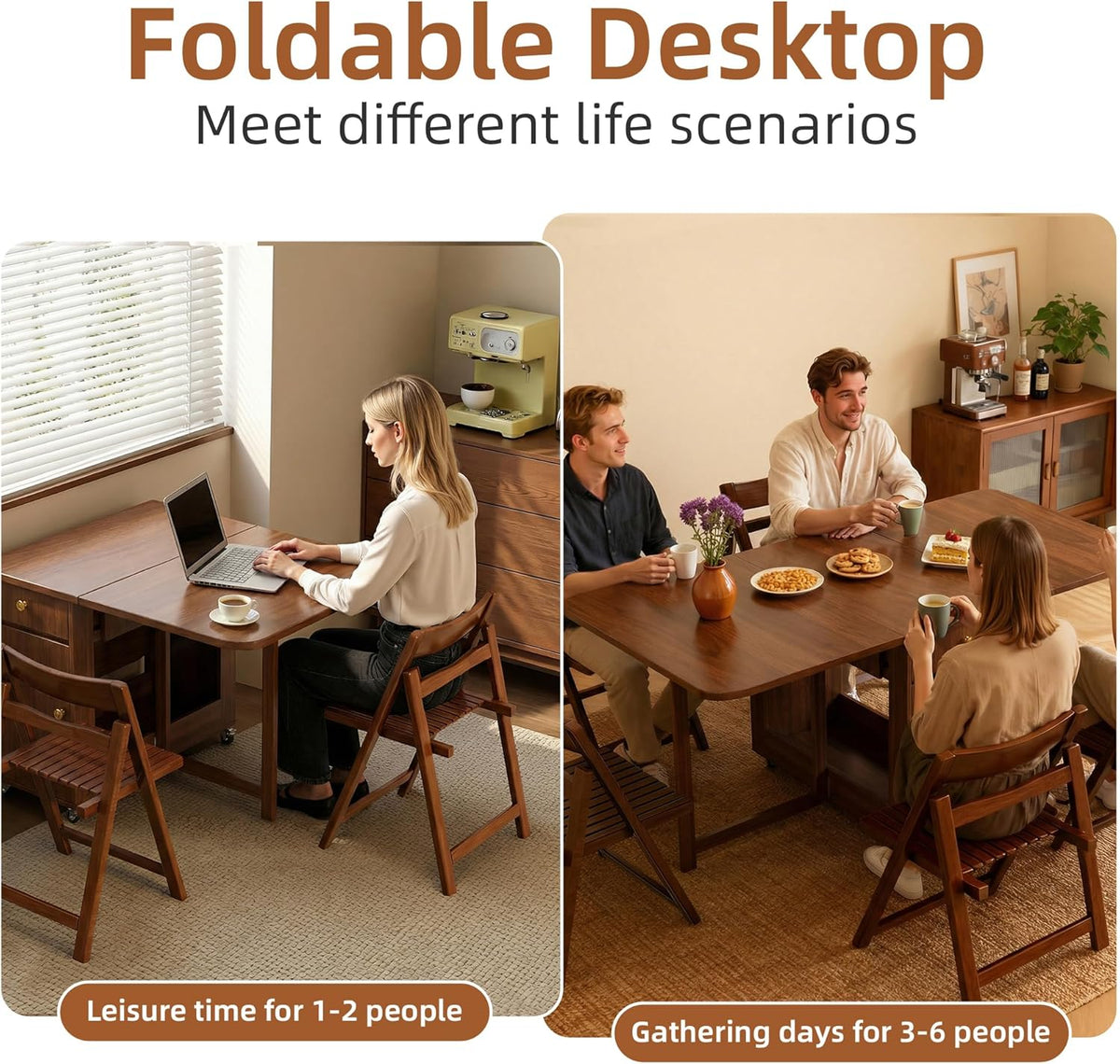Small Folding Dining Table - 51" Fully Assembled Drop Leaf Table 4-6 Seater with Storage and Lockable Wheels, Space-Saving for Kitchen or Dining Room (Walnut)