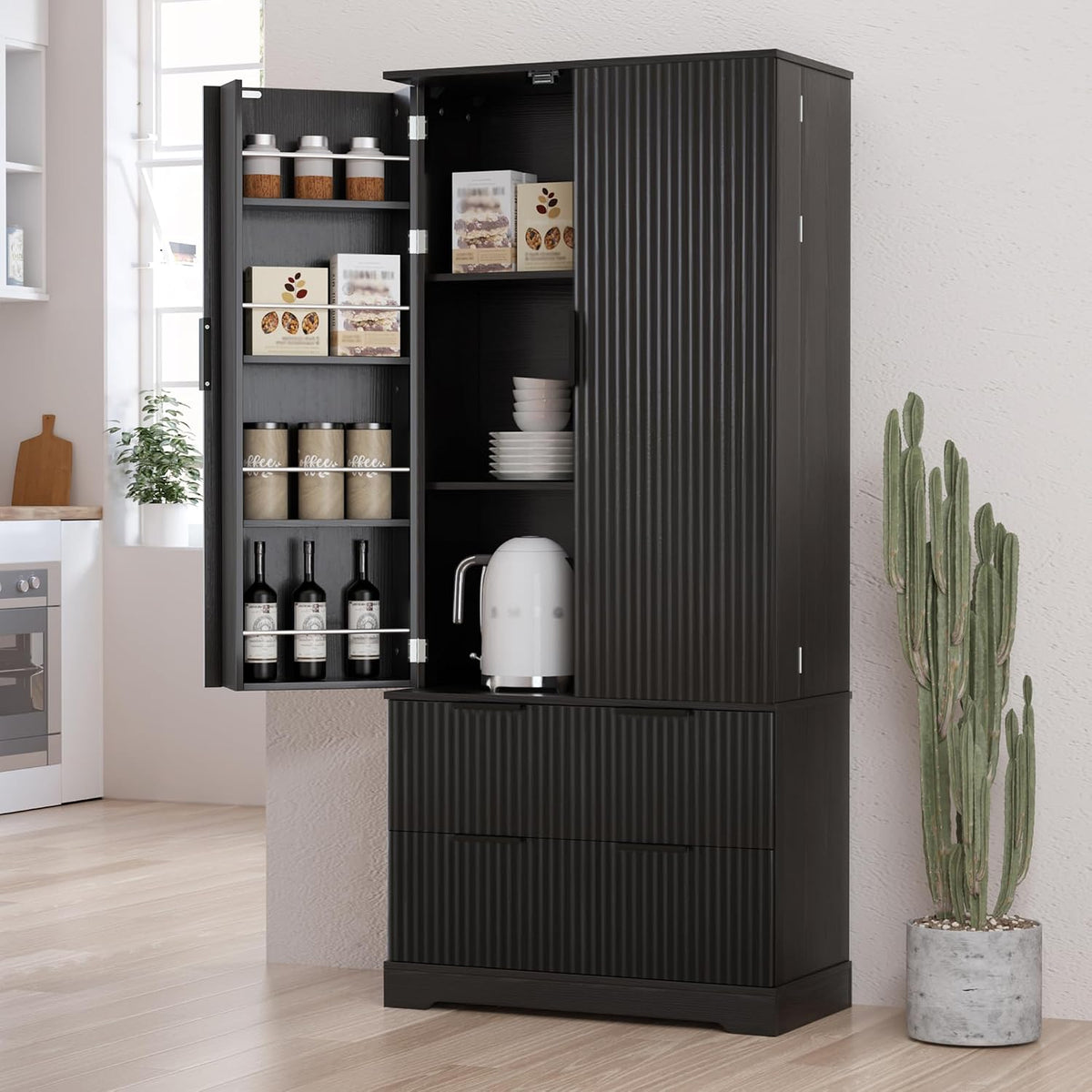 72" Modern Fluted Kitchen Pantry Cabinet with 2 Large Drawers & 8-Door Spice Rack, Freestanding Storage Organizer for Entryway, Dining Room, Office, and Bathroom (Black)