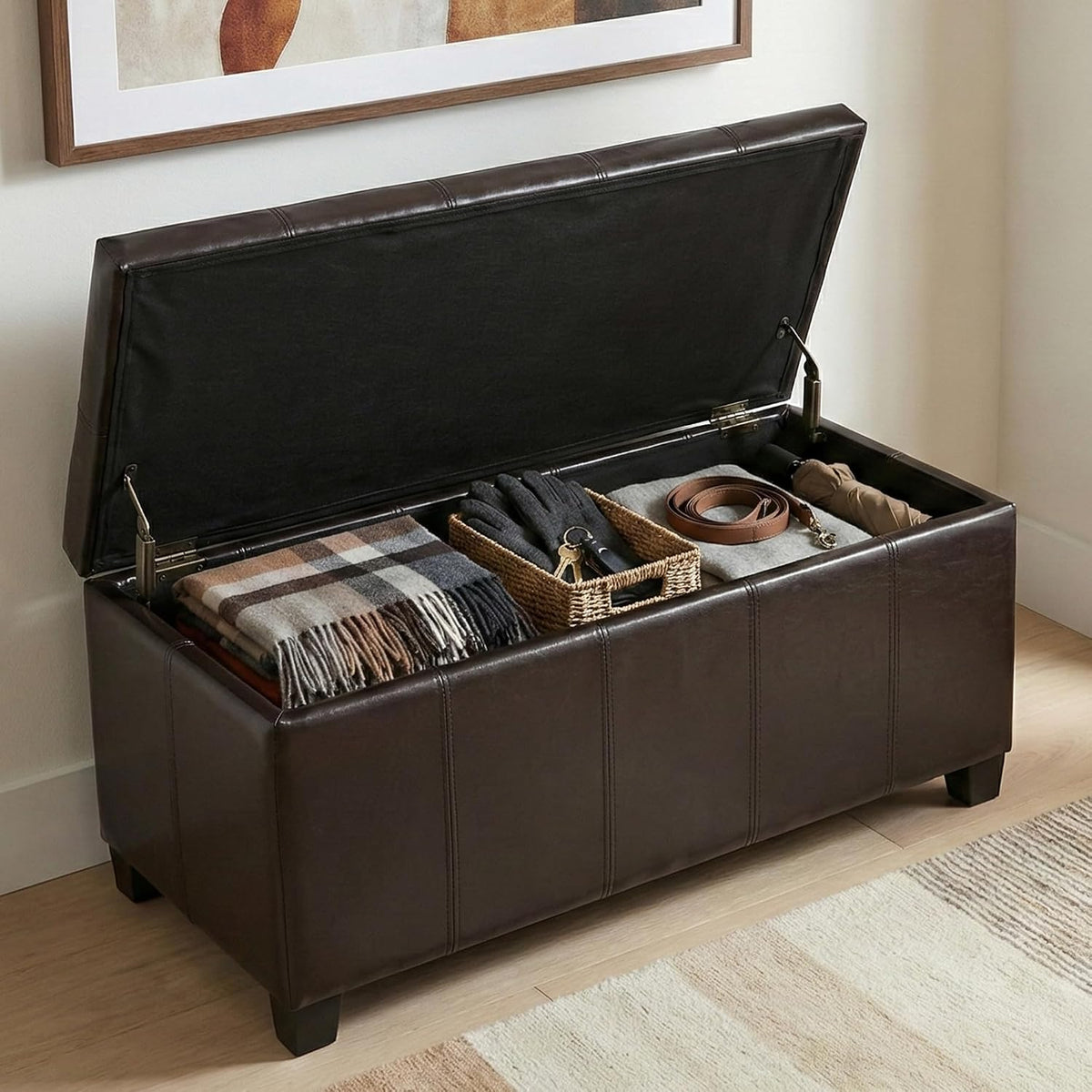SIMPLIHOME Dover 36" Wide Vegan Leather Storage Ottoman in Tanners Brown | Contemporary ottoman with lift-top and safety hinges; upholstered rectangle storage bench for living room and entryway.