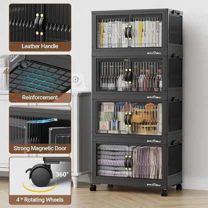 BROVIEW 180Qt Stackable Storage Bins with Lid, Extra Large Closet Organizer Collapsible Drawer Boxes with Wheels, Folding Plastic Cabinet Containers for Home Kitchen Room Organization, 3Pack Black