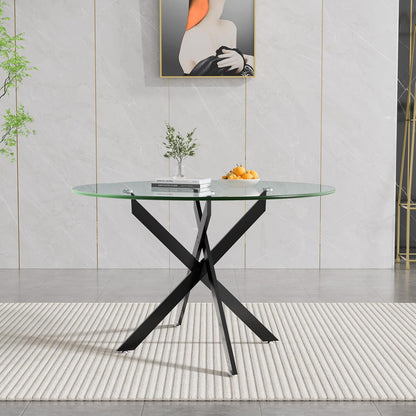 47" Round Glass Dining Table for 4-6, Circle Kitchen Table with Tempered Glass Top & Black Metal Cross Legs, Modern Glass Dinner Table for Kitchen Dining Room Small Apartment