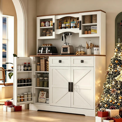 Loomie 60" Tall Farmhouse Pantry Cabinet, Kitchen Hutch with 2 Drawers, Kitchen Pantry Storage Cabinet with Adjustable Shelf and Microwave Stand, Food Pantry Cabinet for Living Room, Kitchen (White)