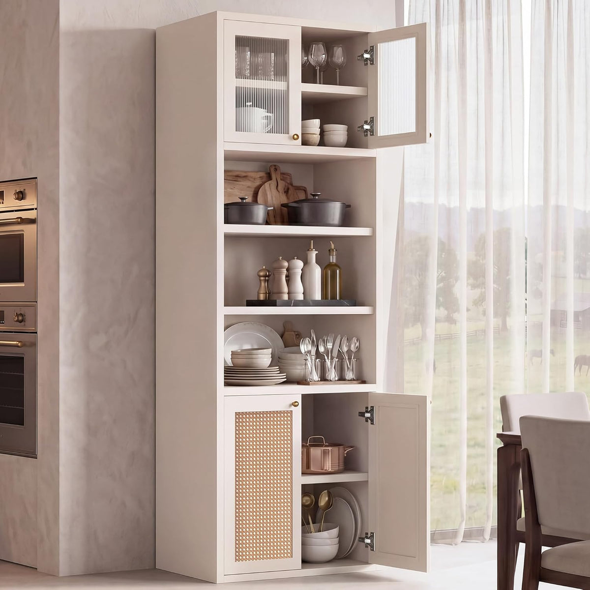 71.7" Bathroom Storage Cabinet, Rattan Tall Freestanding Kitchen Pantry with Doors, Adjustable Shelves and Anti-Tip Devices for Living Room, Dining Room, White