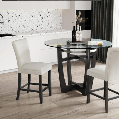 PADMA HOUSE Glass Pub Dining Set for 4, 45in Modern Round Wood Glass Counter Height Bar Table with 4 Leather Pub Stools 5 Pieces Round Bistro Dining Table Chair Set,Clear&Ivory