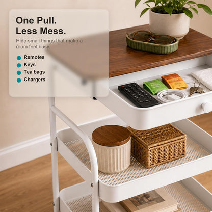 3 Tier Rolling Cart with Hidden Drawer and Wood Top, Small Space Storage Cart with Wheels, Coffee Station Organizer and Side Table Cart for Living Room, Bedroom, Kitchen, White