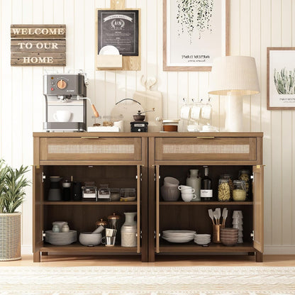Sideboard Buffet Cabinet with Storage - 30" Rattan Boho Console Cabinets with Drawers, Mid Century Coffee Bar Cabinet for Entryway Living Room, Caramel Oak, Two Doors, Set of 2