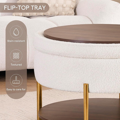 28.5 Inch Round Coffee Table Ottoman with Storgae, Modern Large Upholstered Circle Storgae Ottoman with Removable Lid Top and Metal Legs for Living Room, Bedroom, Teddy Fleece Beige