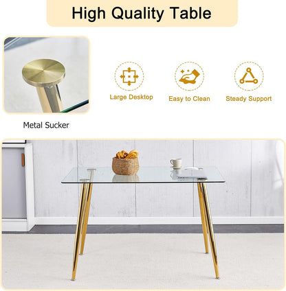 Baysitone 51 inch Glass Dining Table Set for 6, Dining Table & Chair Sets with Gold Metal Legs for Kitchen, Modern Rectangle Tempered Glass Table Top&Transparent Plastic Dining Chair for Dining Room