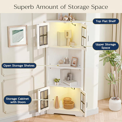Corner Cabinet with Glass Doors and LED Lights, 67" Tall Corner Pantry Cabinet, Modern Farmhouse Corner Cabinet Organizer for Bathroom Kitchen Living Room, White