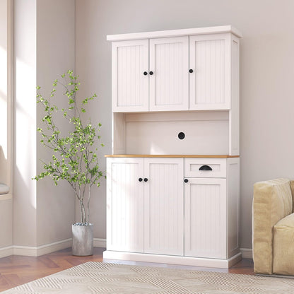 LUMISOL 71" Kitchen Pantry Storage Cabinet with Microwave Oven Countertop, Freestanding Hutch Cabinet with Adjustable Shelves, 6 Doors and 1 Drawer, White