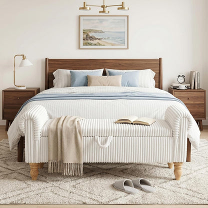 55" Storage Ottoman Bench, Corduroy End of Bed Bench for Bedroom, White | Upholstered Entryway Bench with Seating, Solid Wood Legs, Rolled Arm, for Bedroom Living Room Window Hallway, up to 285 lbs