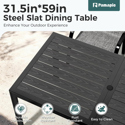 Pamapic Outdoor Dining Sets for 6, Rectangular Steel Slat Table with 6 Textilene Chairs, 7 Piece Patio Table and Chairs Set with Umbrella Hole for Patio, Backyard, Poolside (Grey, No Umbrella)