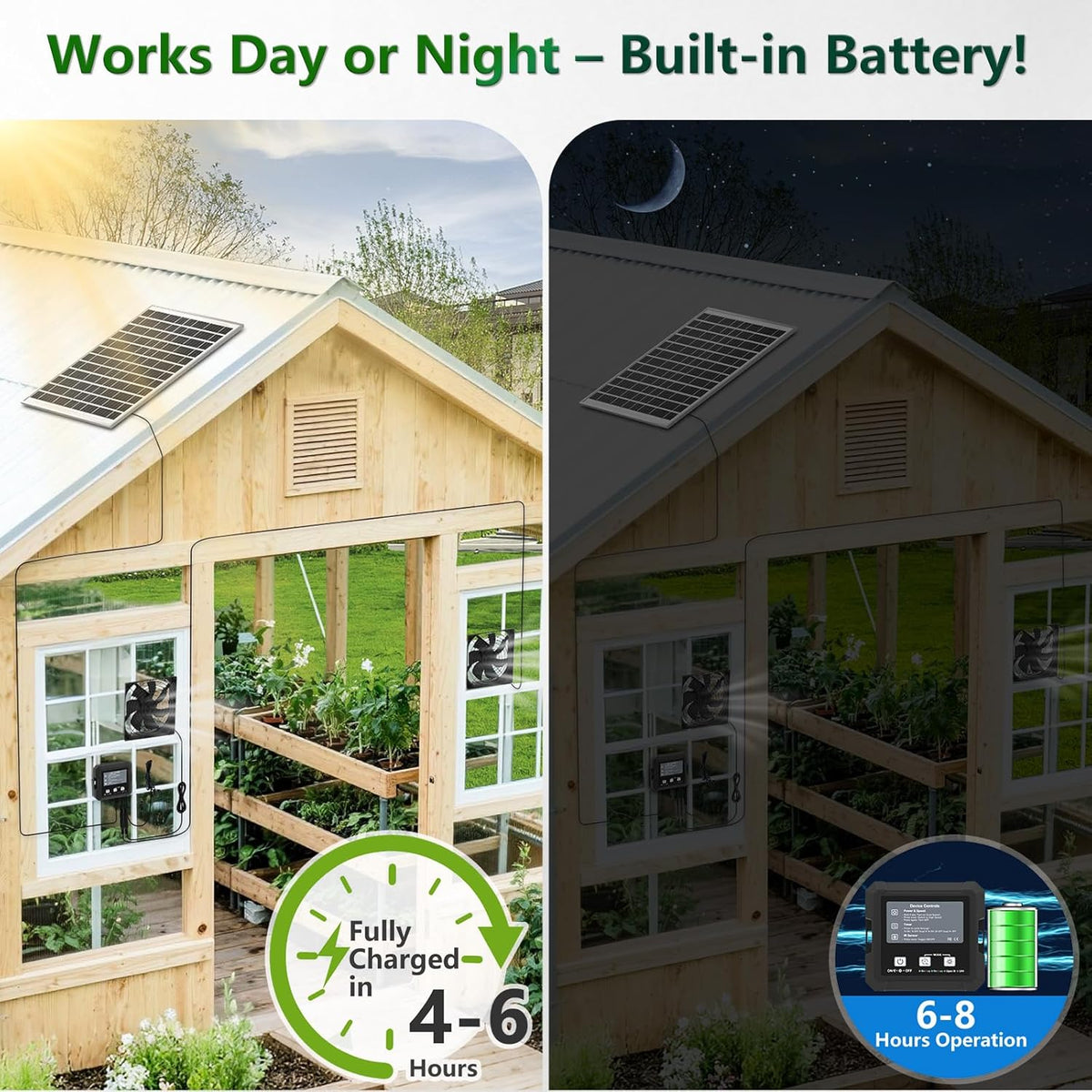 25W Solar Fan for Chicken Coop with Battery, Solar Exhaust Fan for Shed & Greenhouse, 3 Modes Controller (Continuous/Timer/Motion Sensor), Solar Powered Fan for Intake or Exhaust Vent Cooling