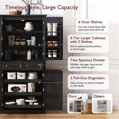 71" Tall Kitchen Pantry Cabinet with 3 Pull Out Cabinet Organizers, Farmhouse Embossed Texture Storage Cabine with 6 Door Shelves, 2 Drawers, Freestanding Cupboard for Kitchen, Dining Room (Black)