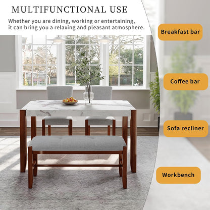 Merax 4 Piece Dining Table Set, Faux Marble Table and 2 Upholstered Chairs 1 Bench, 4 Person Dinette Set for Kitchen, Dining Room, Space-Saving, Gray