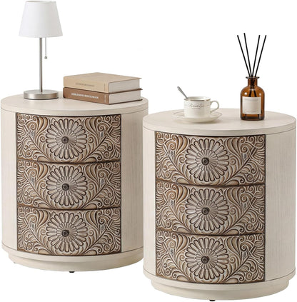 HOMPUS Round End Table Set 2, Fully Assembled Nightstand w 3 Storage Drawers, Farmhouse Wood Dresser Set of 2, Vintage Nightstand Bedside Tables, Aceent End Tables for Bedroom, Rustic White