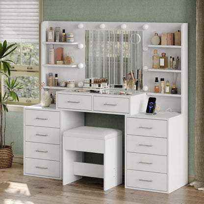 Yanosaku 55'' W Makeup Vanity with Mirror & Lights, 10 Drawers Vanity Desk with Charging Station, 6 Open Shelves, 3 Lighting Modes Brightness Adjustable, Glass Top Vanity with Chair for Bedroom, White